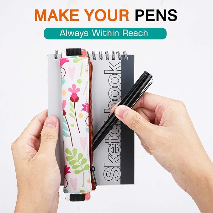 MoKo Pencil Case (2 Pack), PU Leather Pen Pencil Pouch Holder Stationery Zipper Bag with Elastic Strap for Pens, Pencils, Markers, Eraser - Printing & Dark Blue