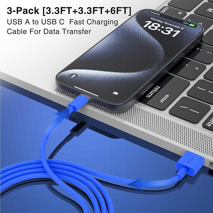 3-Pack Blue [3.3FT+3.3FT+6FT] USB A to USB C Cable，USB to USB C Car Carplay Cable for iPhone 16 15 Pro Plus Pro Max，for iPad Pro/Air/Mini，for Samsung S24/S23/S22，for MacBook Pro/Air and More