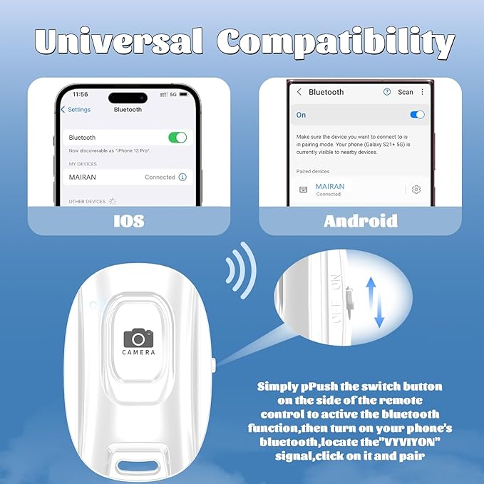 MAIRAN Rechargeable Wireless Camera Remote Shutter for iPhone and Android Smartphones, Bluetooth Phone Remote Control,Selfie Button for Photos and Videos Charging Cable Included-White