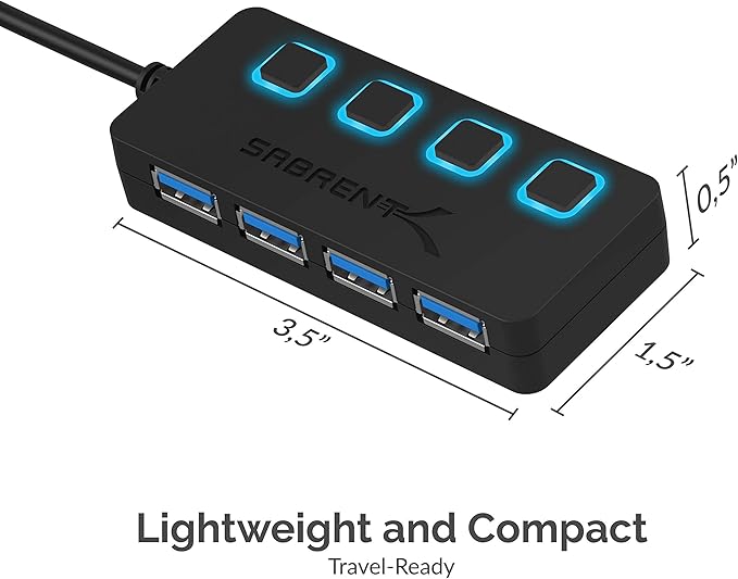 SABRENT 4-Port USB 3.0 Hub with Individual LED Power Switches - Slim, Portable Design - 2 Ft Cable - Fast Data Transfer - Compatible with Mac & PC (HB-UM43)