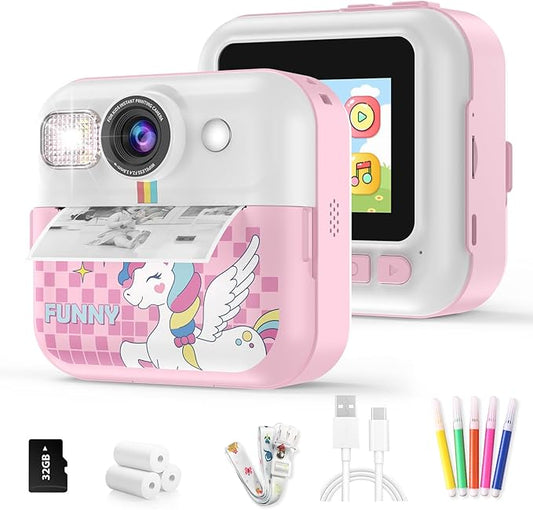 Instant Print Camera for Kids, 1080P Children Printable Cameras Christmas Birthday Gifts for Girls Age 3-10, Toddler Toy for 3 4 5 6 7 8 9 10 Year Old with 3 Roller Photo Paper (Pink)