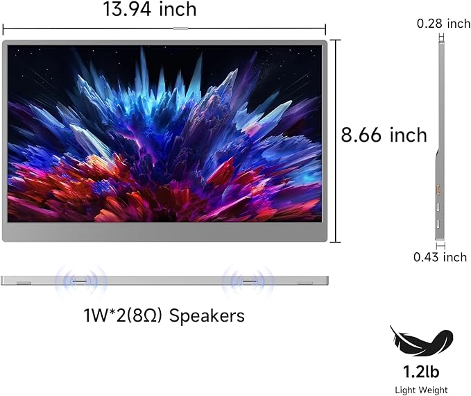 qaf 15.6 Inch Portable Monitor, FHD 1080P USB-C HDMI External Display, 100% sRGB HDR IPS Ultra-Thin Travel Second Screen for Laptop Mac Phone PS5 Xbox Switch, with Smart Cover & Speakers (Space Grey)