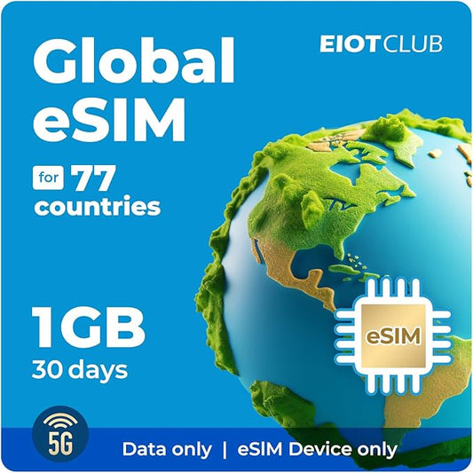 eSIM for Global Travel for 1GB 30 Days - 5G/4G High Speed Network Prepaid eSIM in 77+ Countries, QR Code Activation, Data ONLY, No Voice/SMS