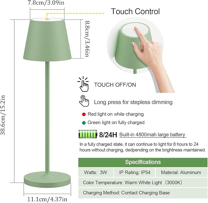 Ralbay IP54 Aluminum Cordless Rechargeable Table Lamp LED Modern Battery Operated 4800mAh Waterproof Portable Stepless Dimmable Desk Lamp for Restaurant/Bedroom/Camping/Outdoor (Green)