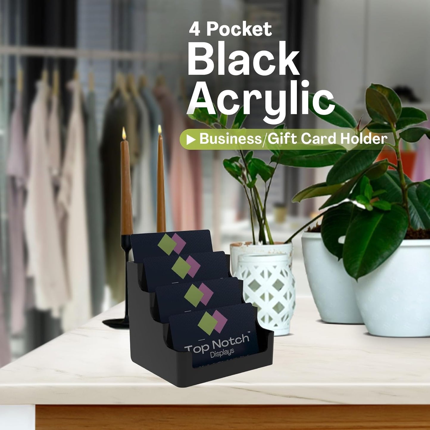 4 Tier Black Acrylic Business/Gift Card Holder, Fits standard-sized business cards or gift cards, For Use In Office, Retail, and Hospitality - Pack of 4