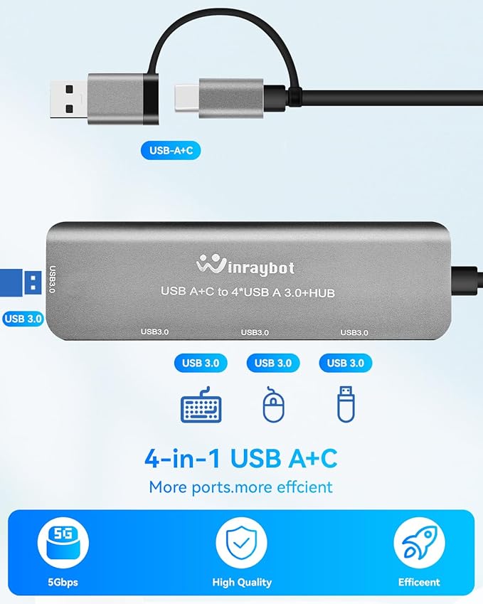 USB hub Splitter for Laptop,USB hub 1to4,USB 3.0 Splitter USB c hub,3.0 HUB Port Expander (USB 3.0 HUB-Silver)
