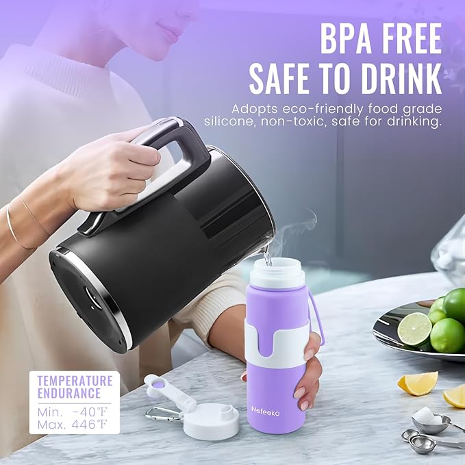 Nefeeko Collapsible Water Bottle, BPA Free 26oz Foldable Water Bottle for Travel Sports, Leak-Proof Spill-Proof Portable Water Bottles with Carabiner, Lightweight