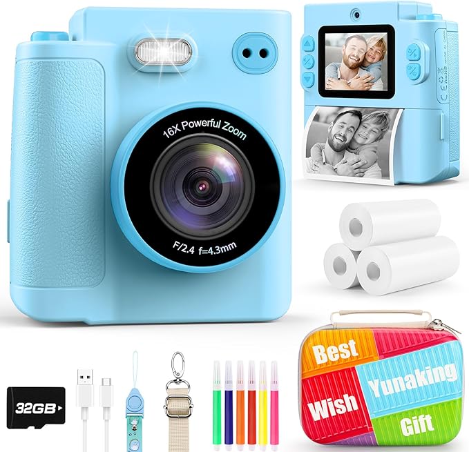 Gift for 3-12 Year Old Boys Girls: Kids Camera Digital Instant Print Dual HD Video Camera Toys for Kids Teen Boys Girls Ages 3 4 5 6 7 8 9 10 Birthday Christmas Valentines Gifts with 32G SD Card Blue