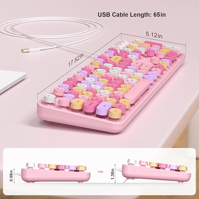 Colorful Computer Keyboards Wired, USB Plug and Play Full Size Typewriter Keyboard, Cute Aesthetic Keyboard with Foldable Stands for Windows PC Laptop (Pink)