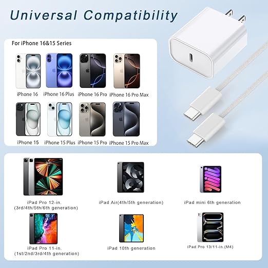 10FT iPhone 17 Pro/16e Charger Fast Charging,2Pack 20W USB C Apple 16 15 Pro Charger Block & 10Foot Long USBC Woven Cable Cord for iPhone 17/17 Air/17 Pro Max/16/16 Pro Max/16 Plus/15/15 Pro Max/iPad