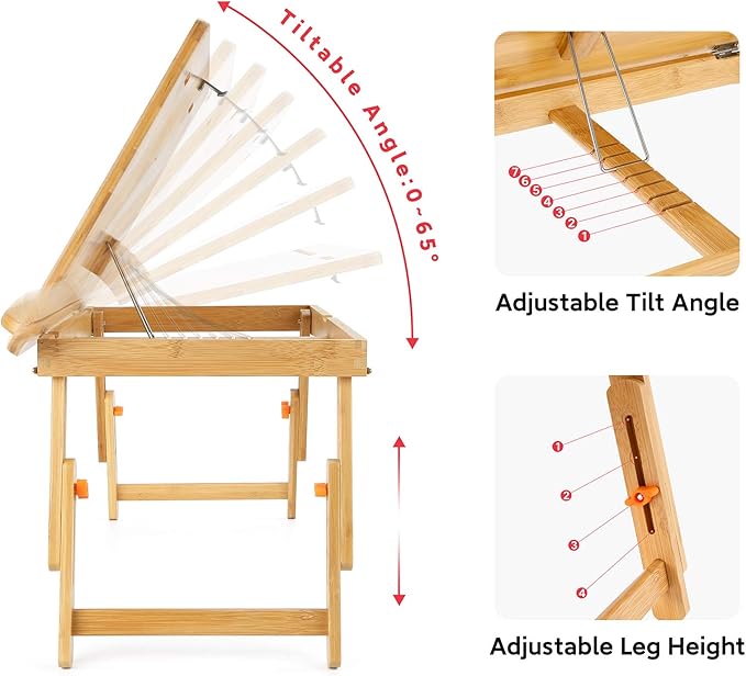 Drawing Table Nnewvante Laptop Desk Adjustable Drafting Desk Foldable Bamboo Bed Tray with Tablet Slot for Adult Kids, Large