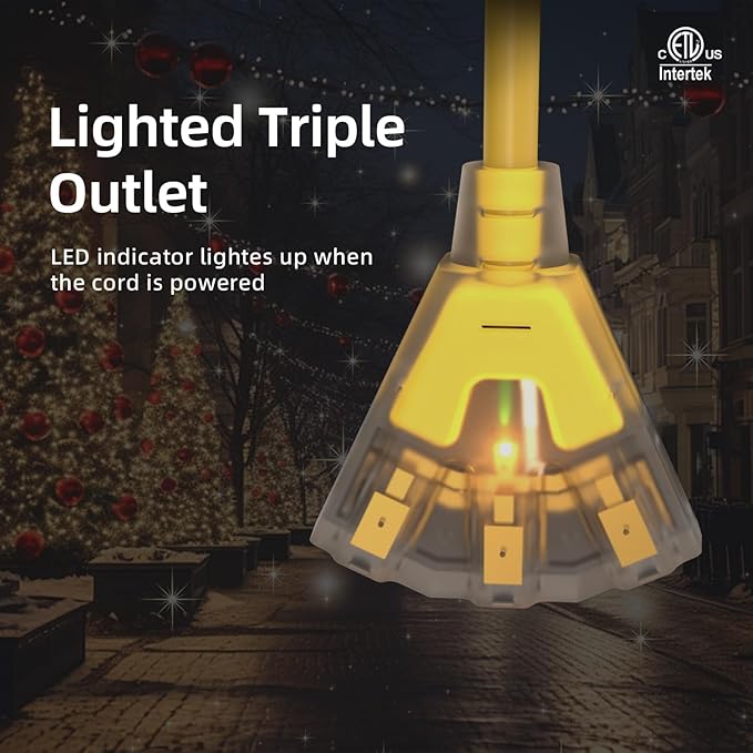 12FT 12 Gauge Heavy Duty Outdoor Extension Cord Waterproof with 3 Outlets & Lighted End, SJTW 15A 1875W 3-Prong Yellow Flexible Power Cord for Indoor Outside Decorations Garage, Garden, ETL