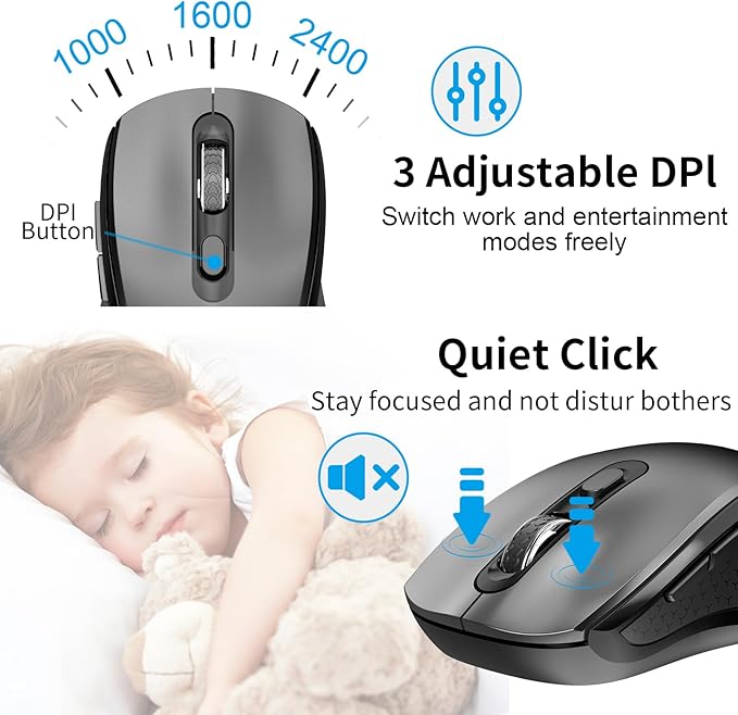 Keyboard and Mouse Wireless, Slim Full Size Keyboard with Calculator Button, Fn Lock, Silent Computer Mouse with Side Button, 2400 DPI, 2.4G USB Cordless Set for Laptop PC Windows Mac -Gray