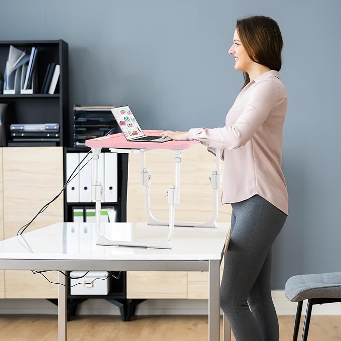 Lap Desk for Bed Adjustable Height, Foldable Bed Table with Storage Drawer, Tablet Slot & Cup Holder, Portable Laptop Stand for Bed & Sofa, Bed Desk for Adults & Kids, Pink