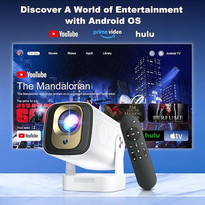 【Short Throw & Speaker】Mini Smart Projector, 1080P Native with 4K Support, WiFi 6 and Bluetooth 5.4, Auto Focus/ Keystone Correction, Built in Apps, Voice Control, Portable Outdoor Movie Projectors