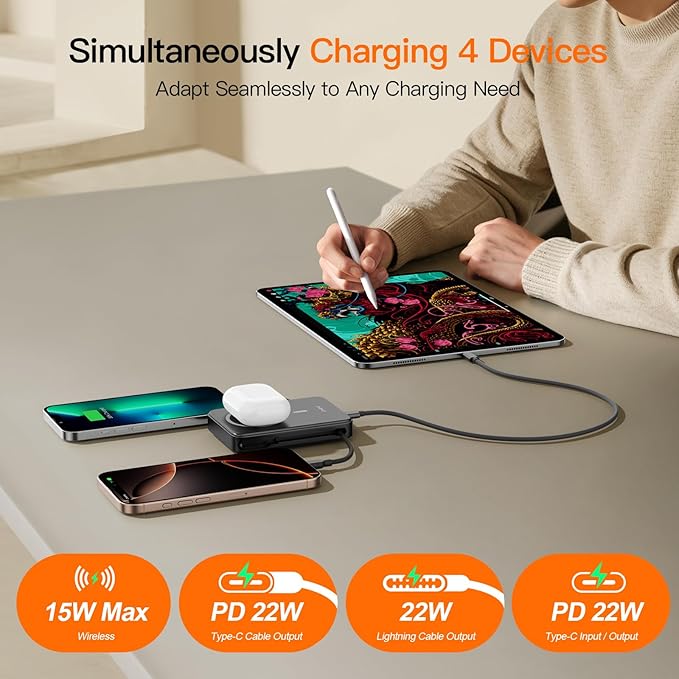 2025 Magnetic Battery Pack 16800mAh Mobile Power Bank, Portable Charger with Foldable Stand and Built-in Cable, 20W USB-C Fast Charging, Suitable for iPhone 17/16/15/14/13/12 Series