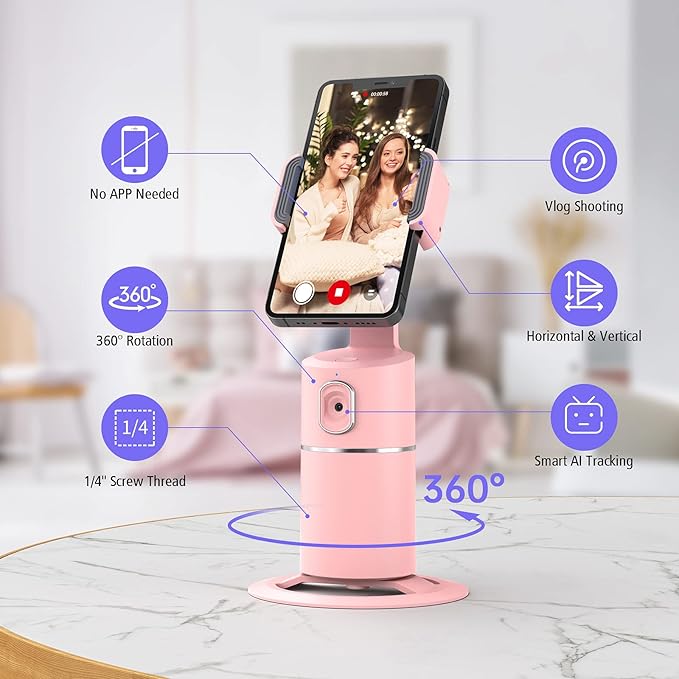 Auto Face Tracking Phone Holder, No App Required, 360° Rotation Face Body Phone Tracking Tripod Smart Shooting Camera Mount for Live Vlog Streaming Video, Rechargeable Battery-Pink