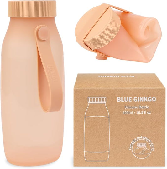 BLUE GINKGO Collapsible Water Bottle – Lightweight, Foldable Silicone Bottle for Travel, Hiking, and Camping (16.9oz, Made in Korea, Peach)