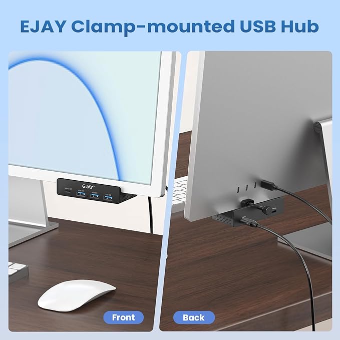 EJAY Mountable 4Ports USB3.0 HUB Alu Desktop Clamp Type C USB3.0 Splitter for Desk/Monitors with Extra Power Supply Port,59inches Data & 39inches Power Cables-5Gbps(BJ-3A1C-BK)