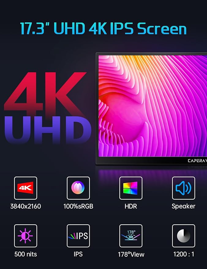 17.3" Portable Monitor 4K, 500 Nits 3840 * 2160p 100% Adobe RGB Travel Monitor with Bulit-in Kickstand & Speakers, Portable Computer Monitor, External Monitors for Laptop PC Xbox Switch PS4/5