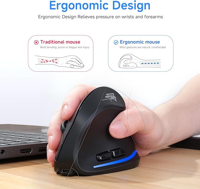 ECHTPower Ergonomic Wireless Mouse, Bluetooth Vertical Mouse with LED Light, Control Up to 3 Devices (BT5.0+BT5.0+2.4GHz), Adjustable DPI 2400/1600/1000, for PC, Laptop, Mac, Windows