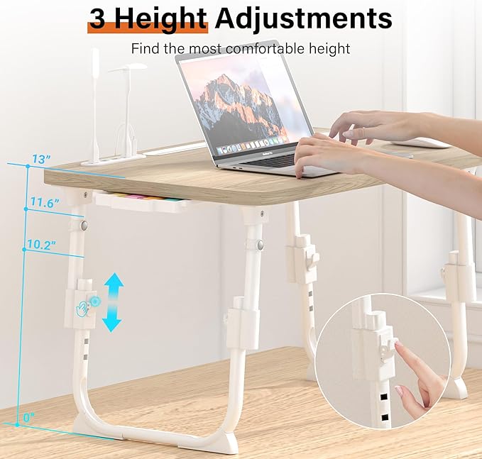 Laptop Desk for Bed Height Adjustable, Lap Bed Table with USB/Storage Drawer/Cup Holder/Tablet Stand/Book Shelf, Foldable Breakfast Tray Portable for Reading Writing, Sofa & Floor, Glacier