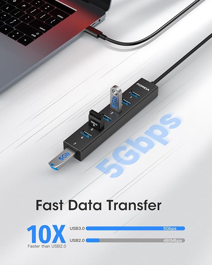 FORIDA USB C Hub-8 Port USB HUB with 7 USB3.0 Data Ports,Aluminum Alloy USBC Splitter with Type C 5V/3A Power Port Compatible with MacBook, iPad, Surface Pro, XPS, Laptop,PC (Black,USB C-9.8in)