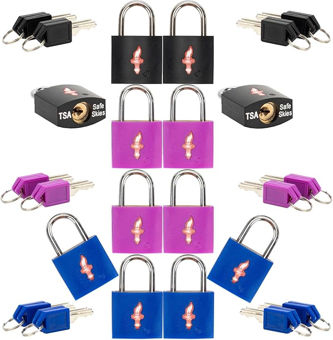 12 Pack TSA Lock for Luggage, TSA Suitcase Lock for Luggage, Suitcases & Gun Cases - Solid Brass Security Lock with Colored Shell (12 Colors: Black/Blue/Orange)