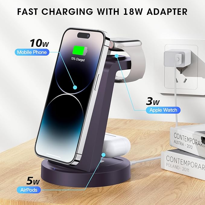 3 in 1 Charging Station for iPhone - Wireless Charger for Apple Products Multiple Devices - Charging Dock Stand for AirPods (for iPhone 17 16e 16 15 14 13 pro 12 11 X Max)