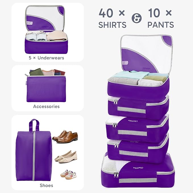 ALL INCLUDED 10 Set Durable Packing Cubes for Suitcases,OlarHike Essentials for Travel, UPGRADED Anti-Tear Stitching, NEW Improved Luggage Packing Organizers for Travel Accessories (Purple)
