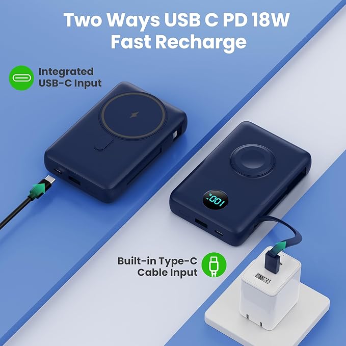 Magnetic Portable Charger 10800mAh for iPhone with Built-in Cables, 6-in-1 Wireless Power Bank with iWatch Charger, 25W PD Fast Charging USB C Battery Pack for iPhone 16/15/14/13/12, Apple Watch(Blue)