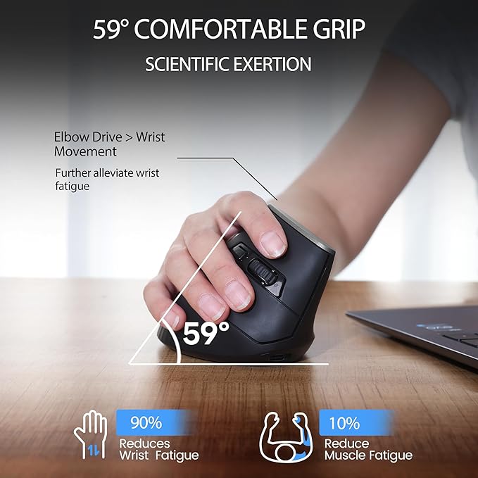 Uineer 2.4G Ergonomic Mouse - Wireless Vertical Computer Mouse with 4 Level Adjustable DPI,Ergonomic Design for S/M Hands, 2.4GHz Wireless Mice for Laptop (Battery Level Visible) ﻿