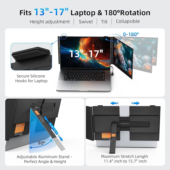 14" Dual Laptop Screen Extender with 1.3lbs - Ultra Thin Portable Monitor for Laptop Plug & Play, FHD 1080P Laptops Extended Monitor for 13"-17" Laptops, USB-C/HDMI Travel Display for Mac/Win