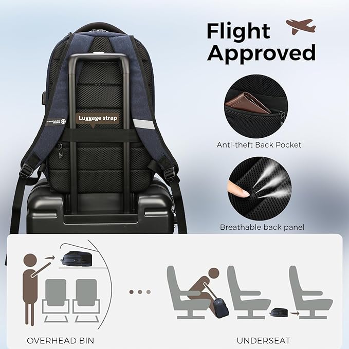 Swissdigital Design Travel Laptop Backpack for Men and Women, Business Backpack with USB Charging Port for Fits 16 Inch Notebook, Blue | ANDWIL