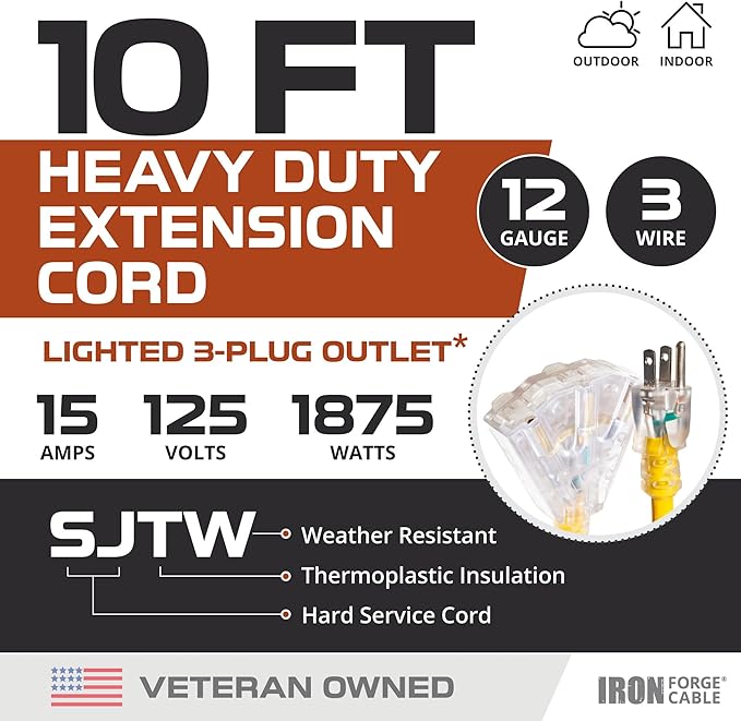 IRON FORGE CABLE 10 Foot Lighted Outdoor Extension Cord with 3 Electrical Power Outlets - 12/3 SJTW Heavy Duty Yellow Extension Cable with 3 Prong Grounded Plug for Safety, 15 AMP