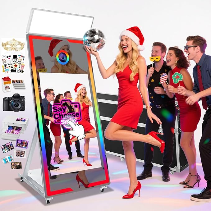 Mirror Photo Booth with Camera and Printer, 65" Magic Mirror Photo Booth, 43" Touch Screen Built-in Mini PC with Instant Print and Sharing, Music Sync Control RGB Light (White, 65-43" Full Set)