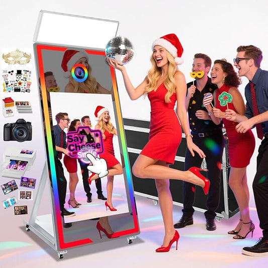 Mirror Photo Booth with Camera and Printer, 65" Magic Mirror Photo Booth, 43" Touch Screen Built-in Mini PC with Instant Print and Sharing, Music Sync Control RGB Light (White, 65-43" Full Set)