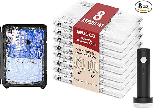 SUOCO Travel Vacuum Seal Bags for Clothing with Rechargeable Electric Pump, 8 Medium Compression Packing Bags for Luggage Suitcase Backpack, Carry-on Size Space Saver Storage