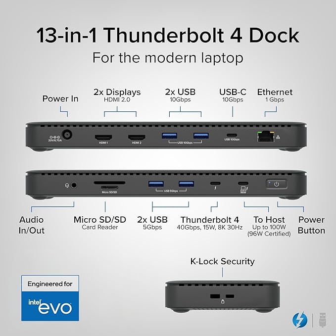 Plugable Thunderbolt 4 Dock with 100W Charging, Thunderbolt Certified, Laptop Docking Station Dual Monitor Single 8K or Dual 4K HDMI for Windows and Mac, 4X USB, Gigabit Ethernet (TBT4-UD5)