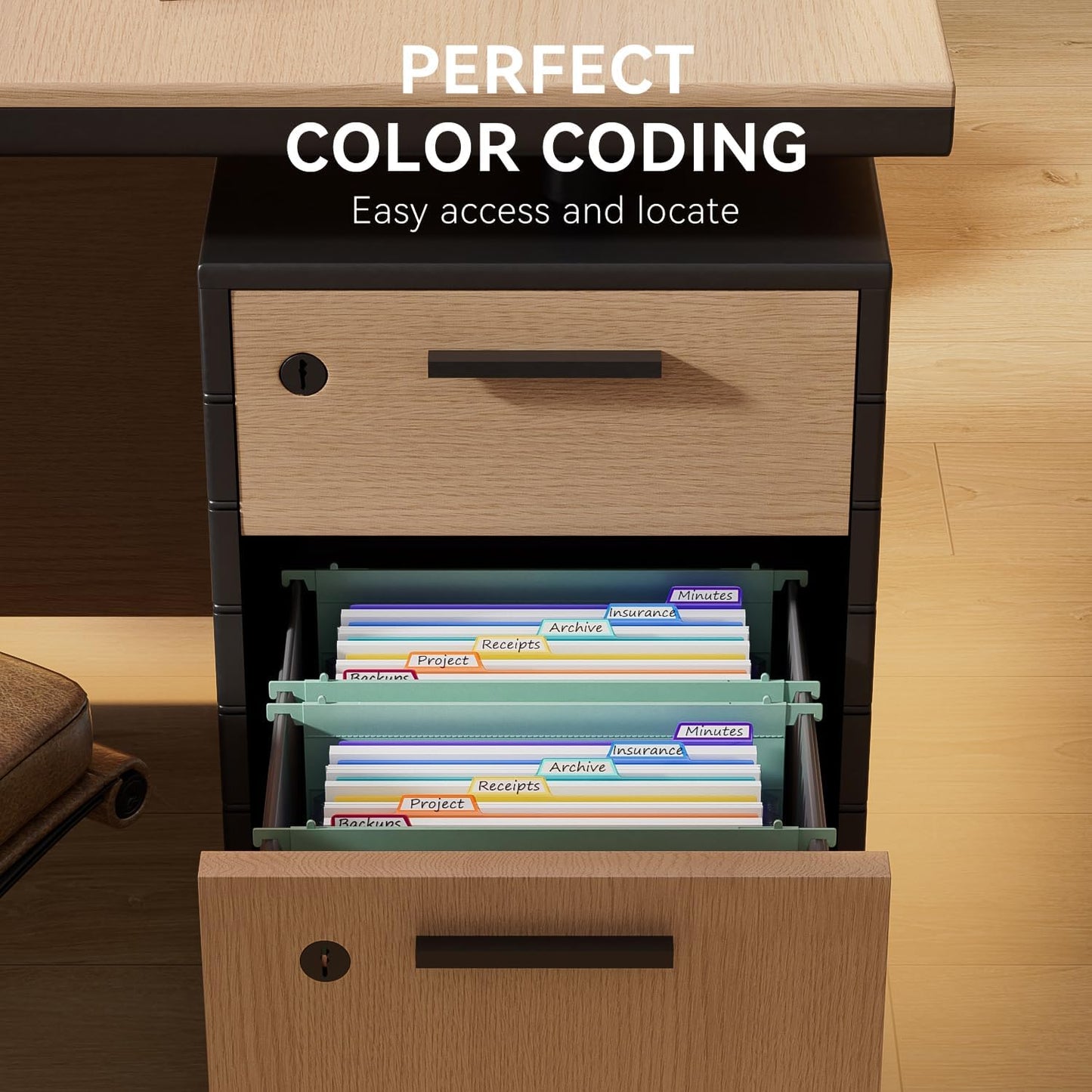 ThinkTex Plastic Expanding Hanging File Folders, 7 Innovative 1.2" Accordion Pockets, Large Capacity, Multi-Color Tabs, Letter Size for Filing Cabinet - Green