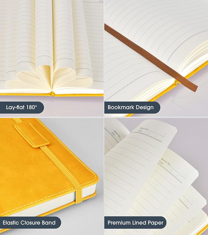 Lined Journal Notebook for Women Men,256 Pages A5 Hardcover Leather Journals for Writing,Travel,Business,Work & School,College Ruled Notebooks for Note Taking,Diary Notepad 5.7"×8.3" yellow
