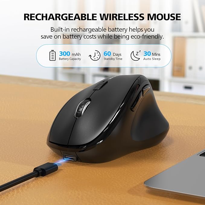 Bluetooth Wireless Mouse Ergonomic Vertical for Laptop Computer Macbook iPad Tablet Rechargeable Silent Click USB Carpal Tunnel Right Hand Compatible with Windows iOS Mac OS Android Black
