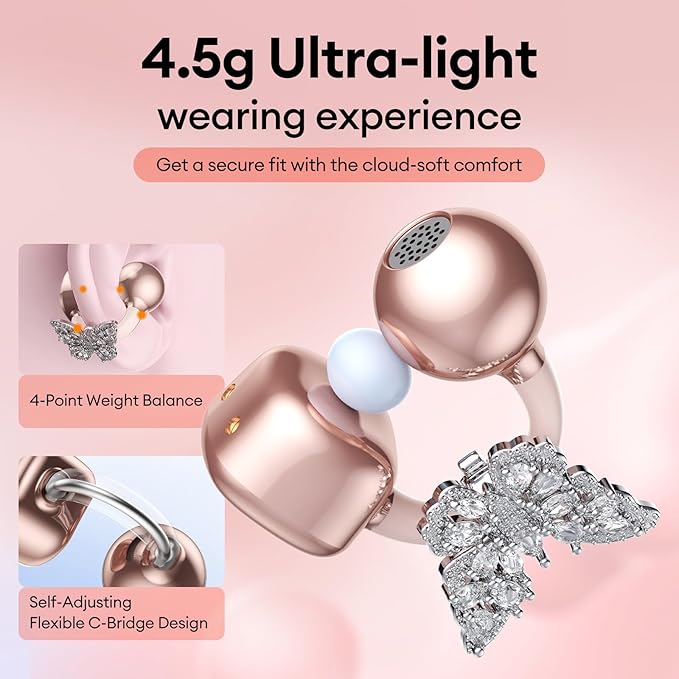 PAXA Bling Open Ear Clip On Earbuds with LED Display & Crystal Butterfly Earrings, Comfort Bluetooth 5.4 Wireless Ear Buds 50H Playtime for Women Girl Work, Fitness, Daily Wear, Gift, Rose Gold