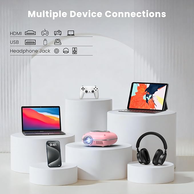 Mini Projector with Two -Way Bluetooth, Portable Projector for Home Theater Use, Support 1080P for Outdoor Projector/Movie Projector Compatible with HDMI, USB, Laptop, TV Stick (Pink)