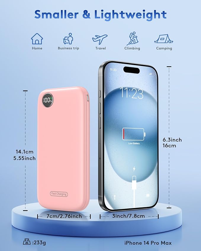 Powerbank Fast Charging Max 12V/4.5A, Ultra Slim Portable Charger USB C 10000mah, Travel Power Bank for iPhone 11 12 13 14 15 16 Samsung Android, DC Lightweight Battery Pack Phone Charger, Pink