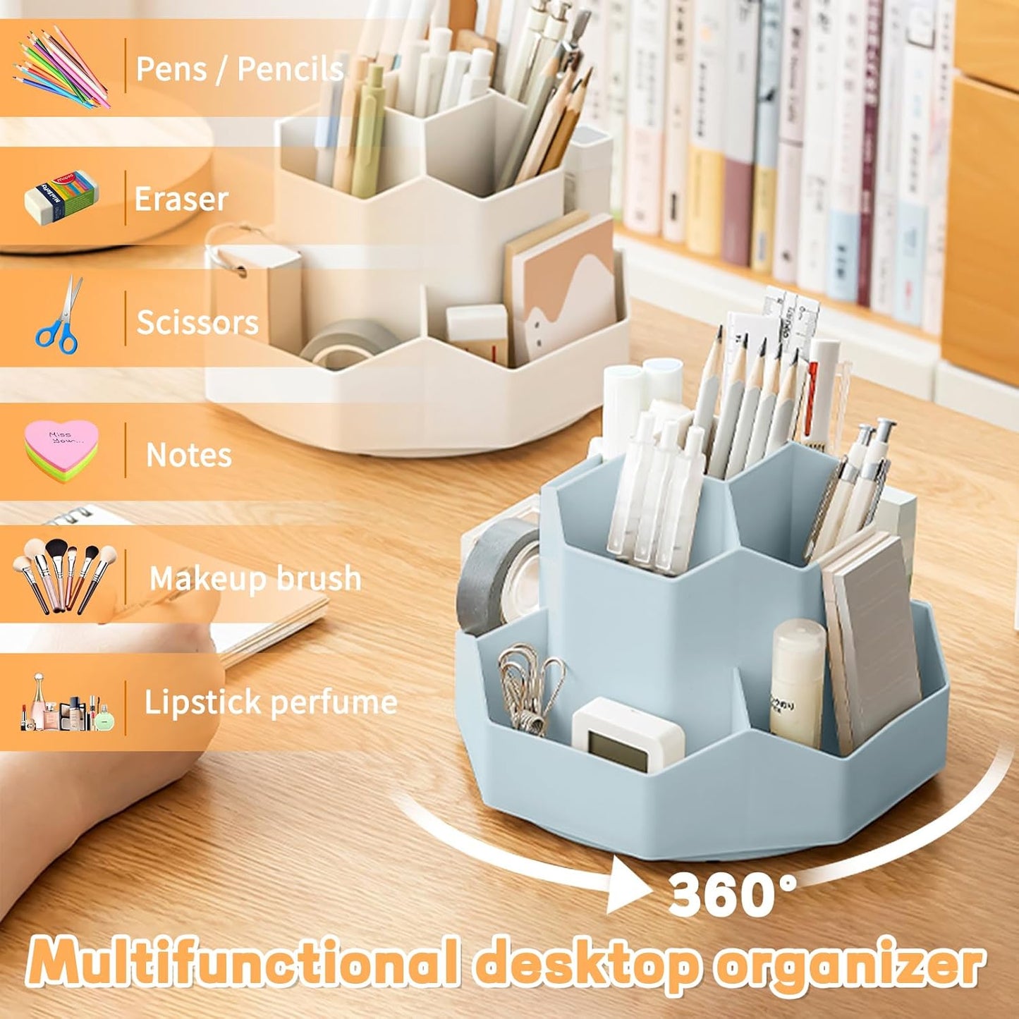 Pencil Pen Holder for Desk,9 Slots 360 Degree Rotating Desk Organizers,Desktop Storage Stationery Supplies Organizer, Cute Pencil Cup Pot For Office, School, Home(Blue)