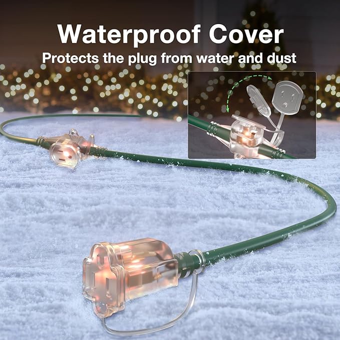 addlon 100FT 12 Outlet Outdoor Extension Cord, Green 16/3 SJTW Weatherproof Power Strip with Indicator Lights for Halloween Christmas Decorations,ETL Listed