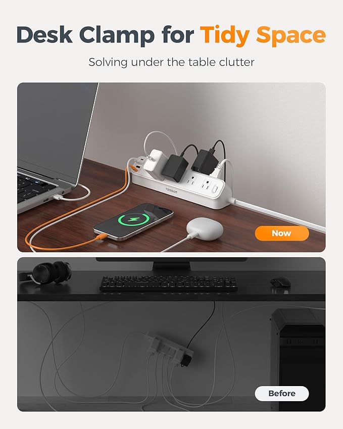 Desk Clamp Power Strip 6Ft, TESSAN Flat Extension Cord with Multiple Outlets, 10 Outlets with 4 USB (2 USB C), Flat Plug, 1625W, Charging Station for Gaming Cruise Travel Office Dorm Room, White
