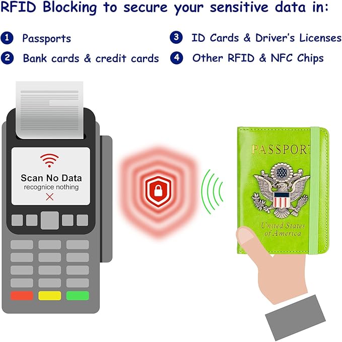 TOURSUIT RFID Blocking Passport Holder for Women Men, Leather Passport Travel Wallet with Metal 3D Metal Badge, Travel Document Holder Cover Accessories (Green)