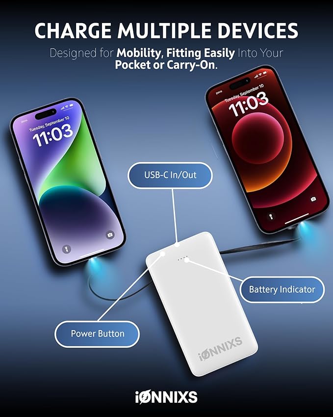 Portable Charger with Built in Cable - 10000mAh Ultra-Slim Portable Charger Power Bank with USB-C Cable (Gray)